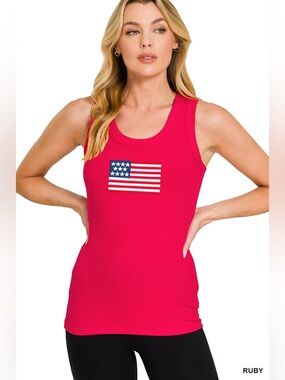 Zenana RIBBED AMERICAN FLAG SCOOP NECK TANK TOP